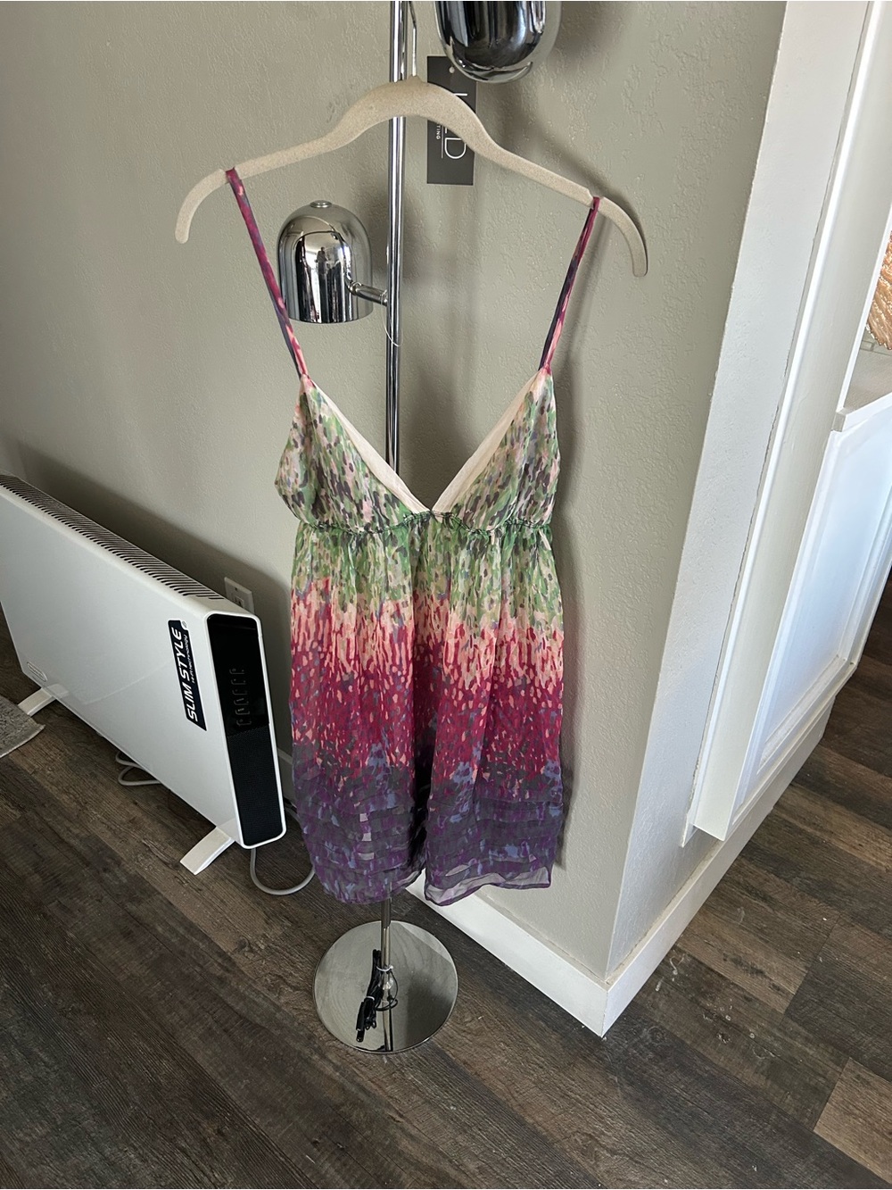 Sparkle & Fade Pink Green Purple Ombre Spaghetti-Strap Mini Silk Dress